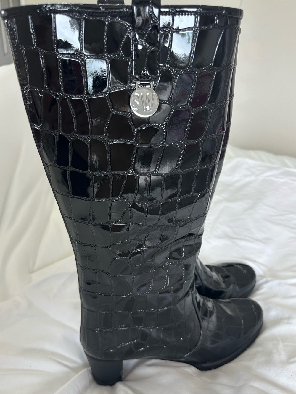 Stuart Weitzman black embossed patent leather knee-high boots